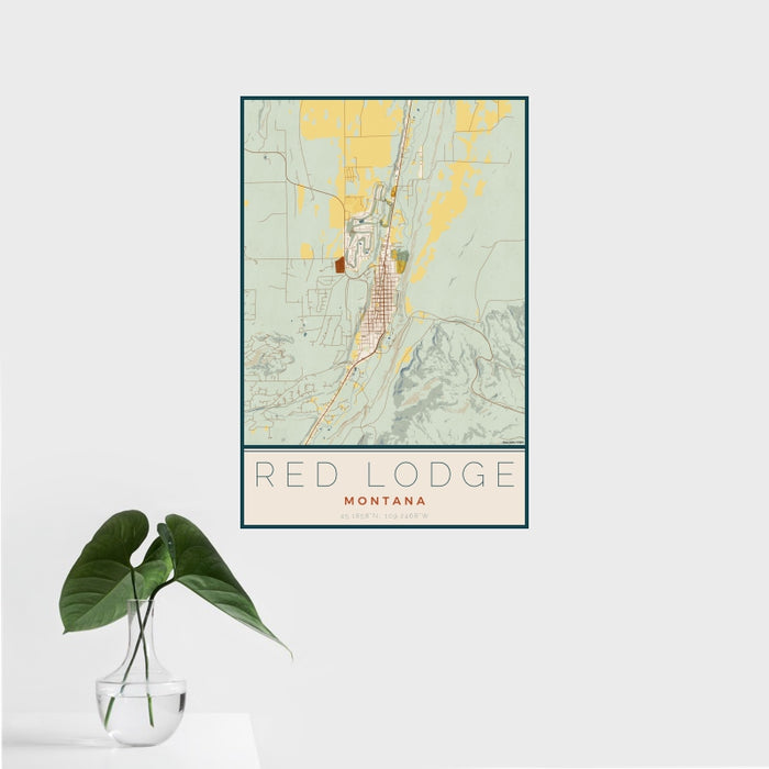 16x24 Red Lodge Montana Map Print Portrait Orientation in Woodblock Style With Tropical Plant Leaves in Water
