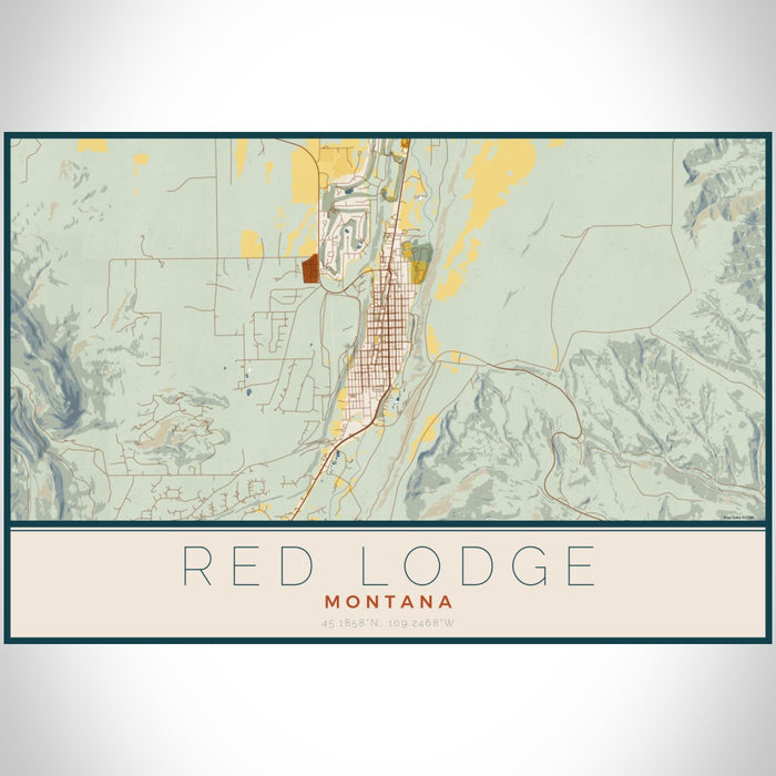 Red Lodge Montana Map Print Landscape Orientation in Woodblock Style With Shaded Background