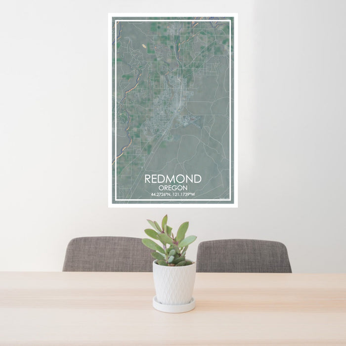 24x36 Redmond Oregon Map Print Portrait Orientation in Afternoon Style Behind 2 Chairs Table and Potted Plant