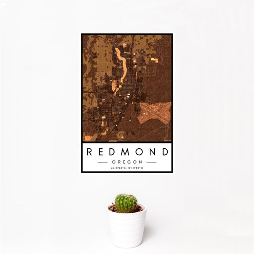 12x18 Redmond Oregon Map Print Portrait Orientation in Ember Style With Small Cactus Plant in White Planter