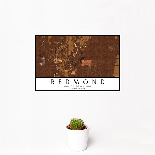 12x18 Redmond Oregon Map Print Landscape Orientation in Ember Style With Small Cactus Plant in White Planter