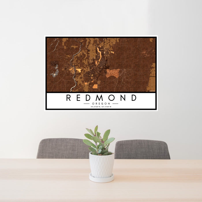 24x36 Redmond Oregon Map Print Landscape Orientation in Ember Style Behind 2 Chairs Table and Potted Plant