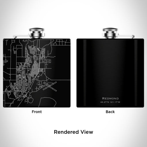 Rendered View of Redmond Oregon Map Engraving on 6oz Stainless Steel Flask in Black