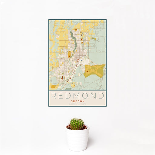 12x18 Redmond Oregon Map Print Portrait Orientation in Woodblock Style With Small Cactus Plant in White Planter
