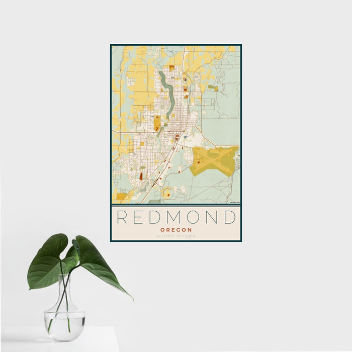 16x24 Redmond Oregon Map Print Portrait Orientation in Woodblock Style With Tropical Plant Leaves in Water