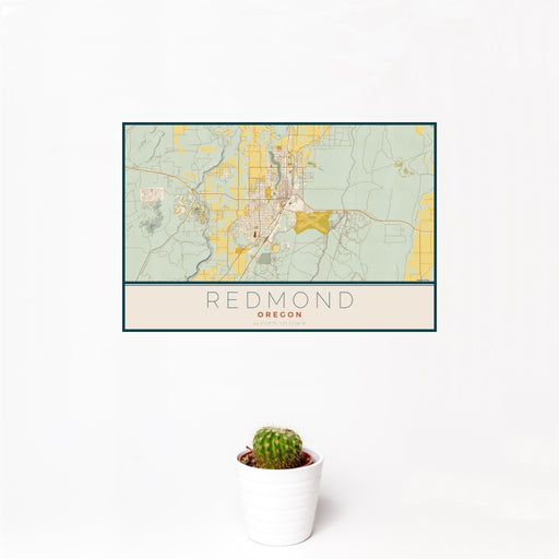 12x18 Redmond Oregon Map Print Landscape Orientation in Woodblock Style With Small Cactus Plant in White Planter
