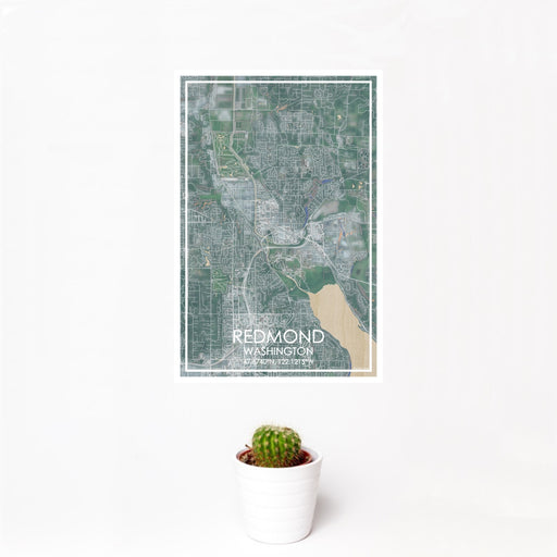 12x18 Redmond Washington Map Print Portrait Orientation in Afternoon Style With Small Cactus Plant in White Planter