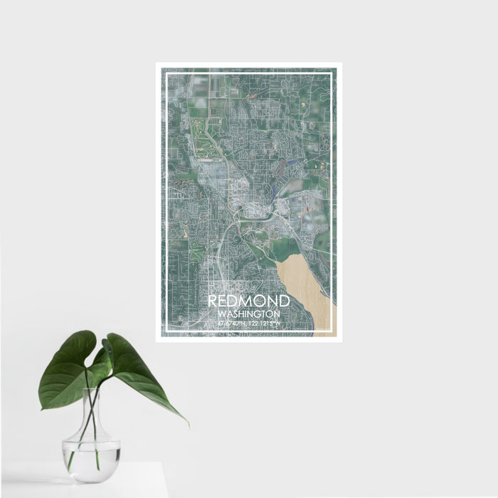 16x24 Redmond Washington Map Print Portrait Orientation in Afternoon Style With Tropical Plant Leaves in Water