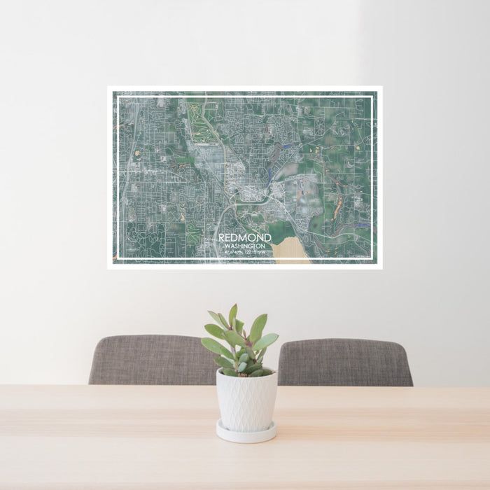24x36 Redmond Washington Map Print Lanscape Orientation in Afternoon Style Behind 2 Chairs Table and Potted Plant