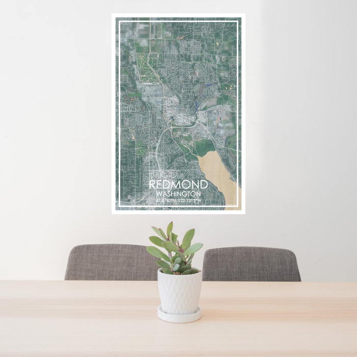 24x36 Redmond Washington Map Print Portrait Orientation in Afternoon Style Behind 2 Chairs Table and Potted Plant
