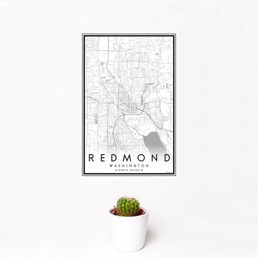 12x18 Redmond Washington Map Print Portrait Orientation in Classic Style With Small Cactus Plant in White Planter