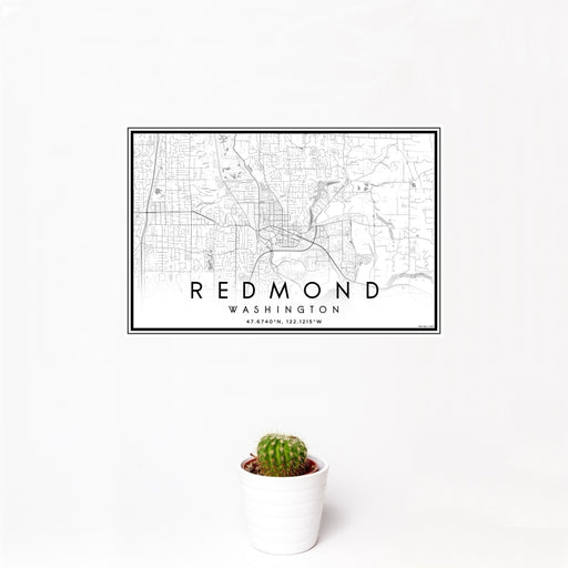 12x18 Redmond Washington Map Print Landscape Orientation in Classic Style With Small Cactus Plant in White Planter