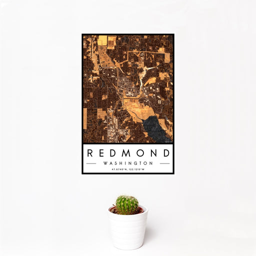 12x18 Redmond Washington Map Print Portrait Orientation in Ember Style With Small Cactus Plant in White Planter