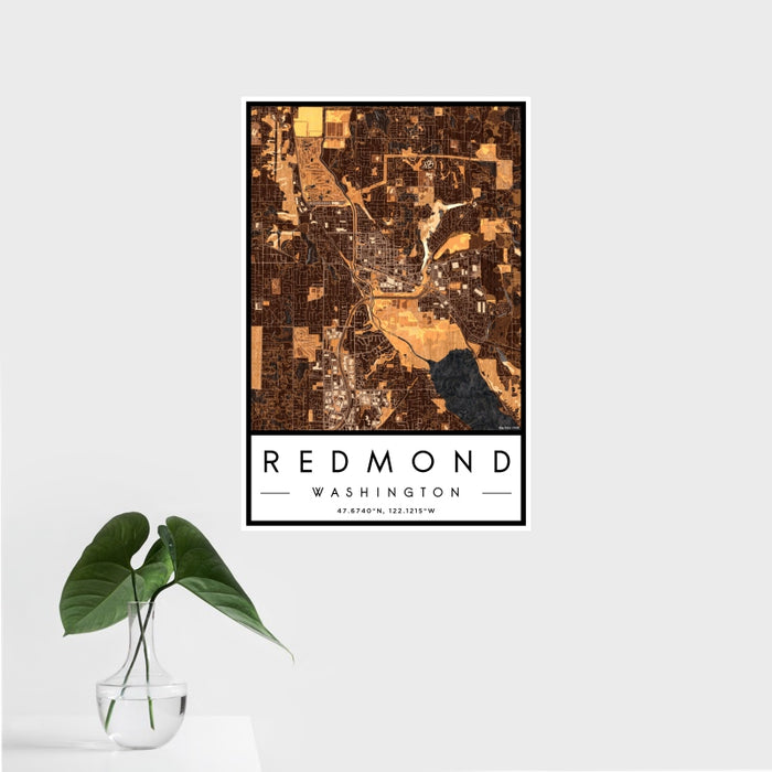 16x24 Redmond Washington Map Print Portrait Orientation in Ember Style With Tropical Plant Leaves in Water