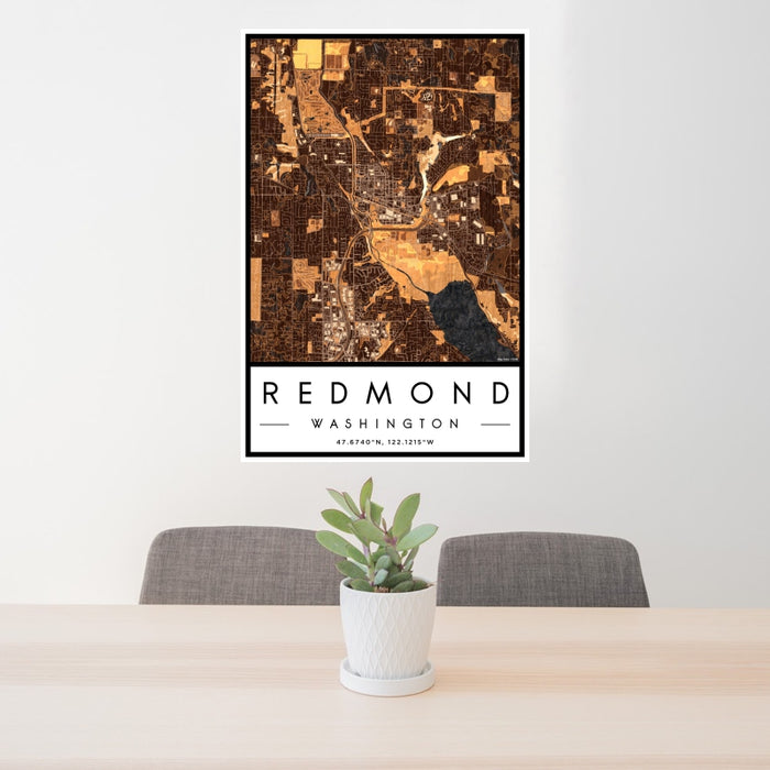 24x36 Redmond Washington Map Print Portrait Orientation in Ember Style Behind 2 Chairs Table and Potted Plant