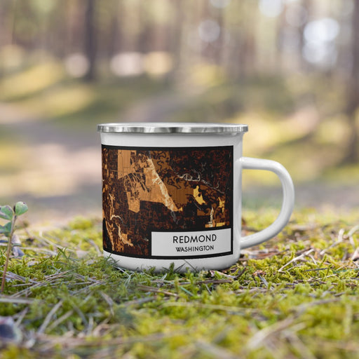 Right View Custom Redmond Washington Map Enamel Mug in Ember on Grass With Trees in Background