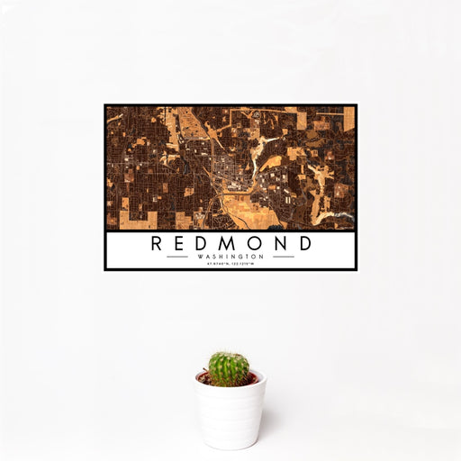 12x18 Redmond Washington Map Print Landscape Orientation in Ember Style With Small Cactus Plant in White Planter