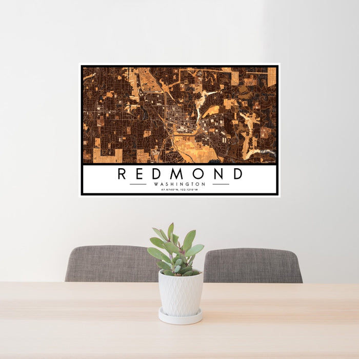 24x36 Redmond Washington Map Print Landscape Orientation in Ember Style Behind 2 Chairs Table and Potted Plant