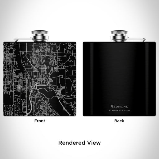 Rendered View of Redmond Washington Map Engraving on 6oz Stainless Steel Flask in Black