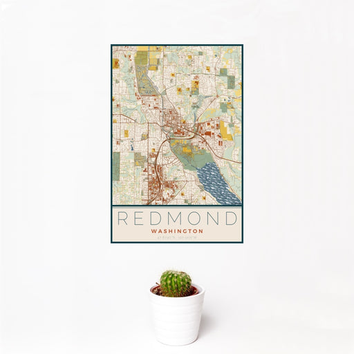12x18 Redmond Washington Map Print Portrait Orientation in Woodblock Style With Small Cactus Plant in White Planter
