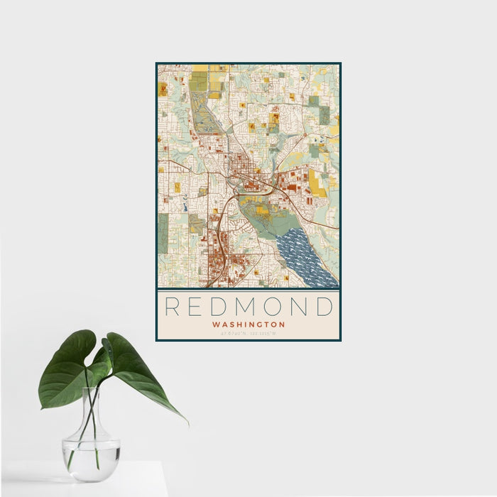 16x24 Redmond Washington Map Print Portrait Orientation in Woodblock Style With Tropical Plant Leaves in Water