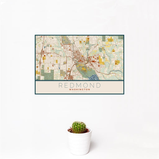 12x18 Redmond Washington Map Print Landscape Orientation in Woodblock Style With Small Cactus Plant in White Planter