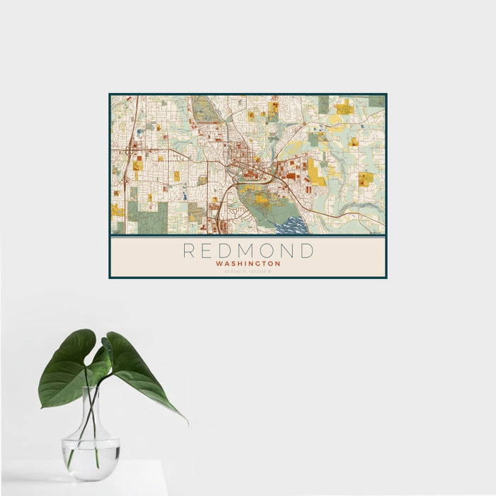 16x24 Redmond Washington Map Print Landscape Orientation in Woodblock Style With Tropical Plant Leaves in Water