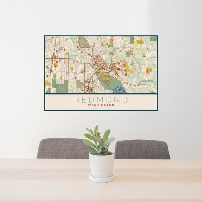 24x36 Redmond Washington Map Print Landscape Orientation in Woodblock Style Behind 2 Chairs Table and Potted Plant