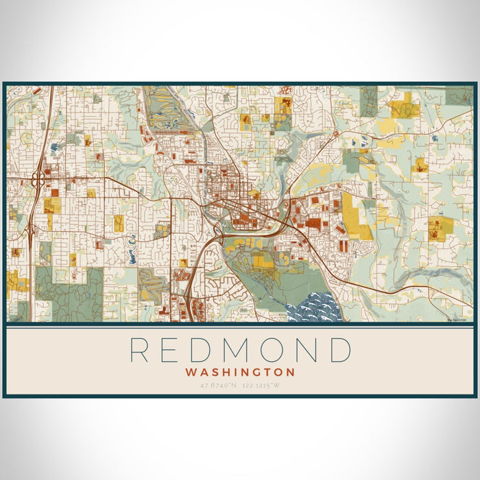 Redmond Washington Map Print Landscape Orientation in Woodblock Style With Shaded Background