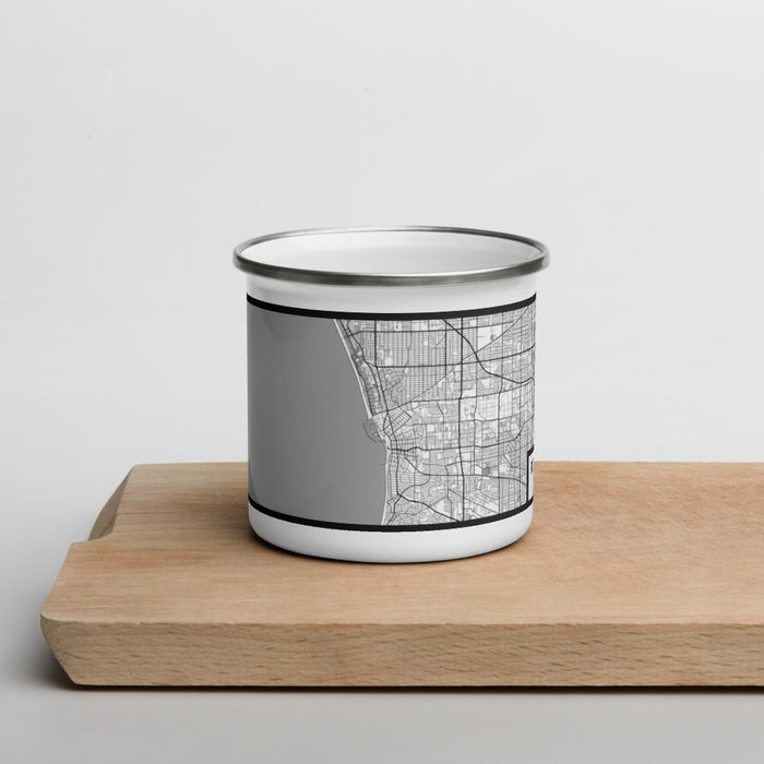 Front View Custom Redondo Beach California Map Enamel Mug in Classic on Cutting Board
