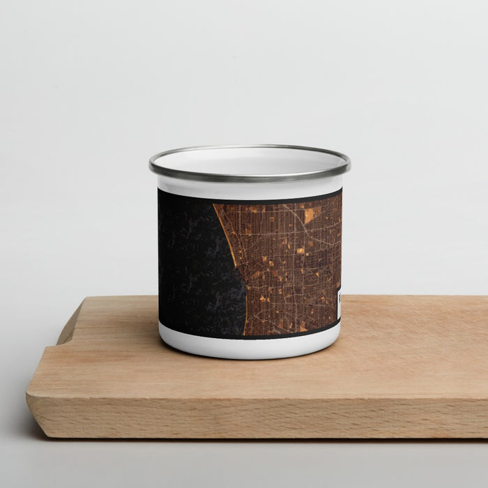 Front View Custom Redondo Beach California Map Enamel Mug in Ember on Cutting Board