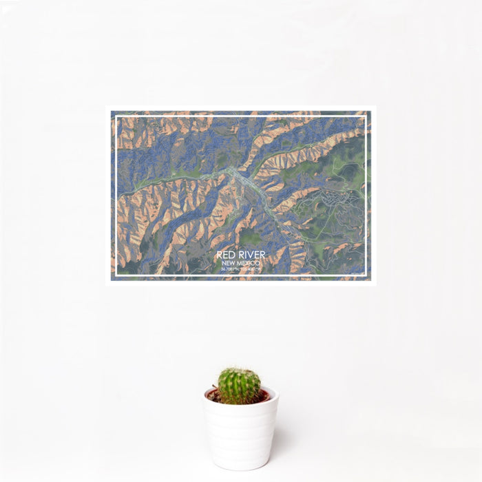 12x18 Red River New Mexico Map Print Landscape Orientation in Afternoon Style With Small Cactus Plant in White Planter