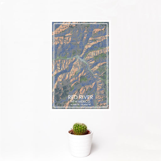 12x18 Red River New Mexico Map Print Portrait Orientation in Afternoon Style With Small Cactus Plant in White Planter