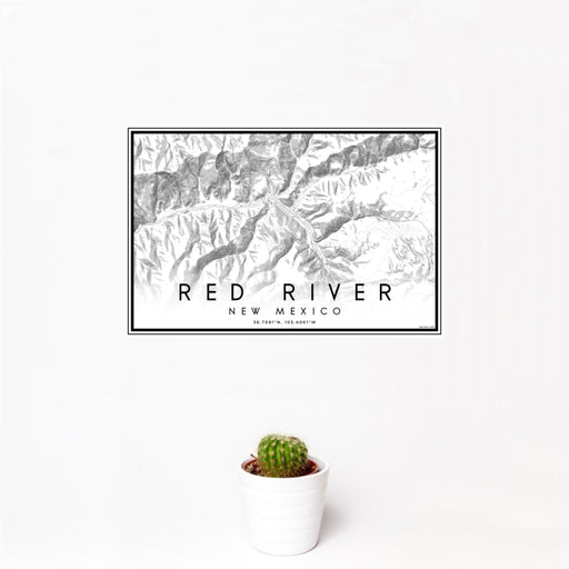 12x18 Red River New Mexico Map Print Landscape Orientation in Classic Style With Small Cactus Plant in White Planter
