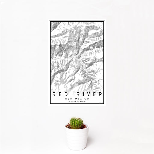 12x18 Red River New Mexico Map Print Portrait Orientation in Classic Style With Small Cactus Plant in White Planter