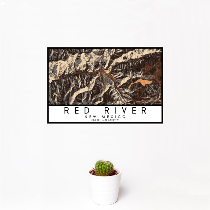 12x18 Red River New Mexico Map Print Landscape Orientation in Ember Style With Small Cactus Plant in White Planter