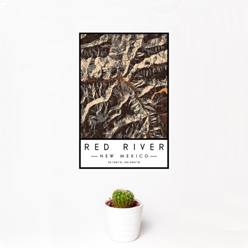 12x18 Red River New Mexico Map Print Portrait Orientation in Ember Style With Small Cactus Plant in White Planter