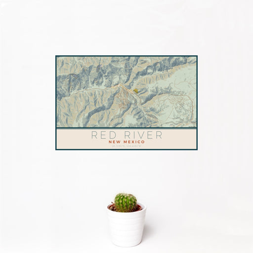12x18 Red River New Mexico Map Print Landscape Orientation in Woodblock Style With Small Cactus Plant in White Planter