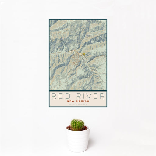 12x18 Red River New Mexico Map Print Portrait Orientation in Woodblock Style With Small Cactus Plant in White Planter