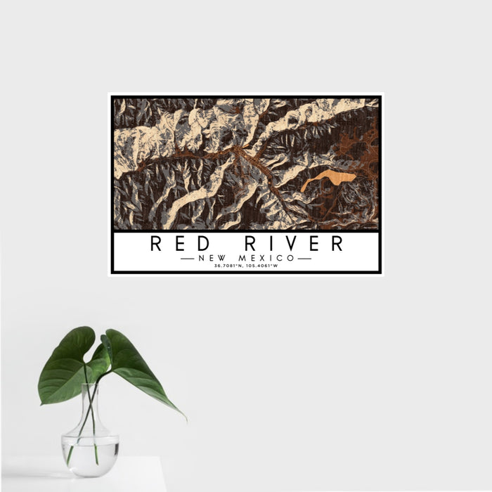 16x24 Red River New Mexico Map Print Landscape Orientation in Ember Style With Tropical Plant Leaves in Water