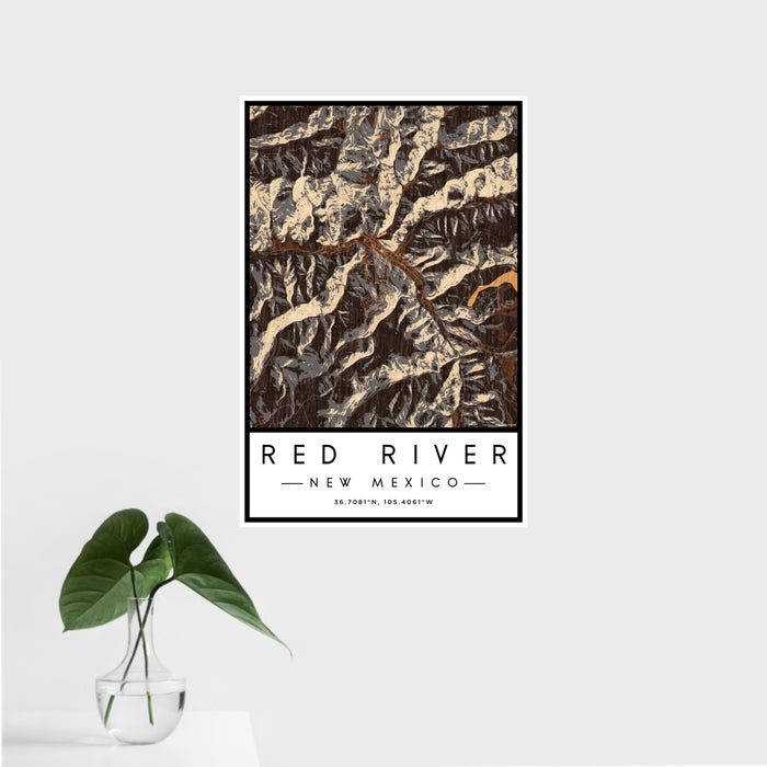 16x24 Red River New Mexico Map Print Portrait Orientation in Ember Style With Tropical Plant Leaves in Water