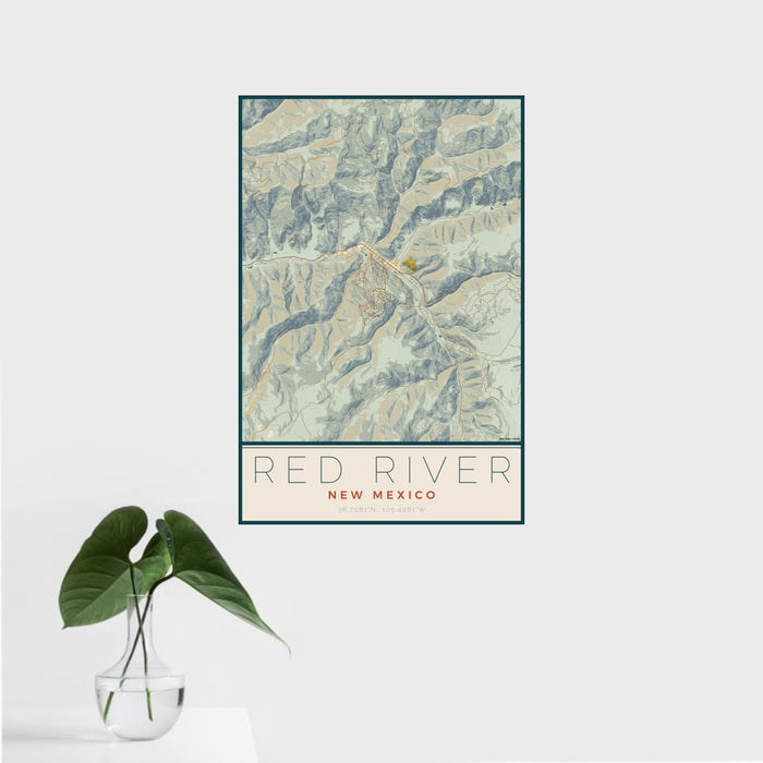 16x24 Red River New Mexico Map Print Portrait Orientation in Woodblock Style With Tropical Plant Leaves in Water