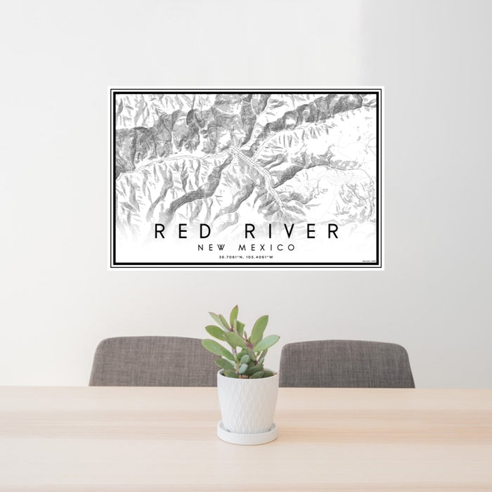 24x36 Red River New Mexico Map Print Lanscape Orientation in Classic Style Behind 2 Chairs Table and Potted Plant