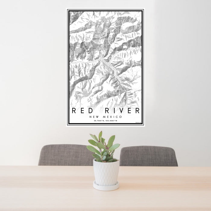 24x36 Red River New Mexico Map Print Portrait Orientation in Classic Style Behind 2 Chairs Table and Potted Plant