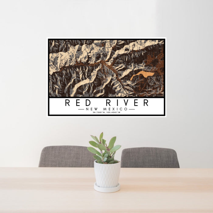 24x36 Red River New Mexico Map Print Lanscape Orientation in Ember Style Behind 2 Chairs Table and Potted Plant