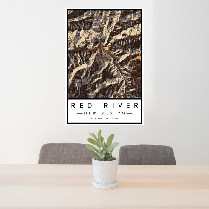 24x36 Red River New Mexico Map Print Portrait Orientation in Ember Style Behind 2 Chairs Table and Potted Plant