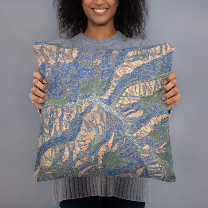 Person holding 18x18 Custom Red River New Mexico Map Throw Pillow in Afternoon