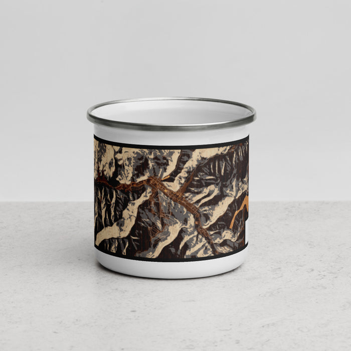 Front View Custom Red River New Mexico Map Enamel Mug in Ember