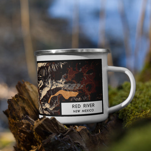 Right View Custom Red River New Mexico Map Enamel Mug in Ember on Grass With Trees in Background