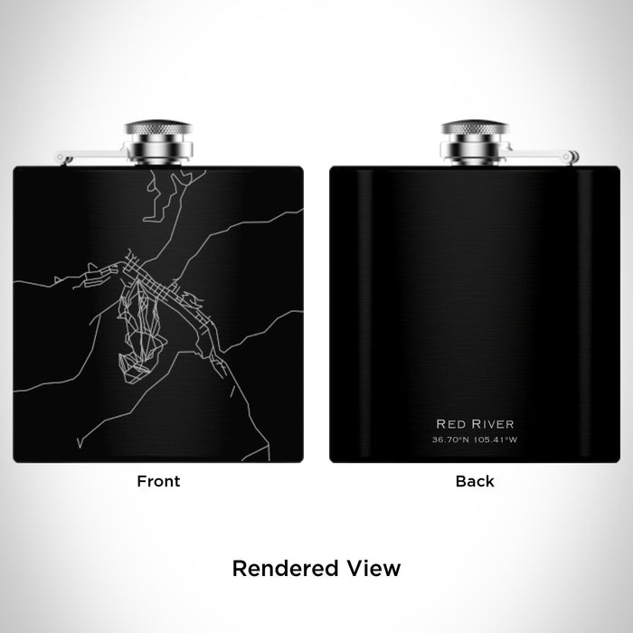 Rendered View of Red River New Mexico Map Engraving on 6oz Stainless Steel Flask in Black